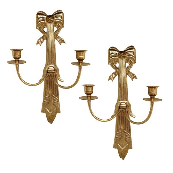 SOLD! Vintage Brass Bow & Swag Double Arm Candle Sconces - a Pair